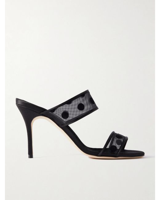 Manolo Blahnik Black Scolobi 90 Satin-Trimmed Flocked Mesh Sandals