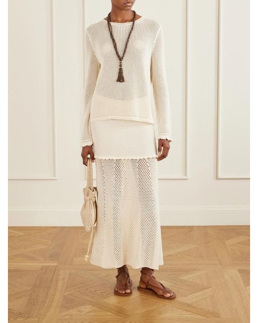 Escvdo White Mural Crocheted Cotton Midi Skirt