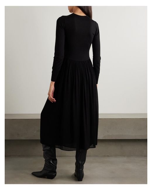 Ulla Johnson Black Colette Pleated Lace-Up Wool And Silk-Blend And Chiffon Midi Dress