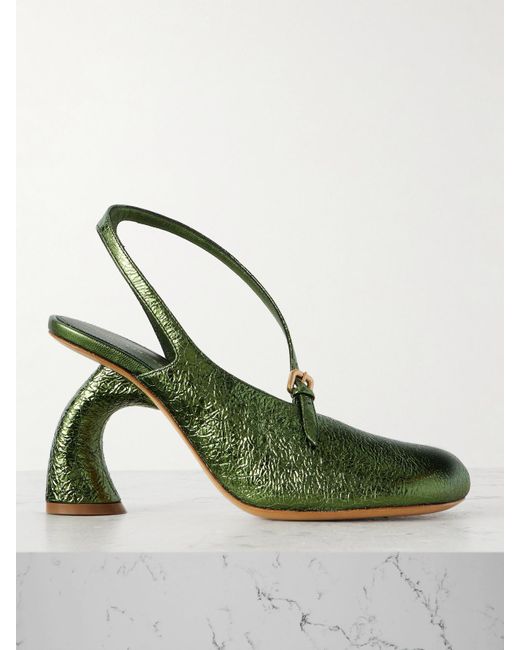 Dries Van Noten Green Crinkled-Leather Pumps