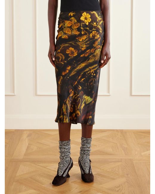 Dries Van Noten Brown Floral-Printed Silk-Satin Midi Skirt