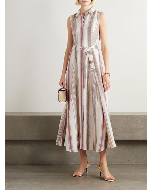 Emporio Sirenuse Pink Milarda Belted Striped Linen Midi Dress