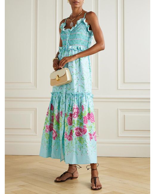 Loretta Caponi Blue Bianca Embroidered Smocked Ruffled Floral-Print Linen Maxi Dress
