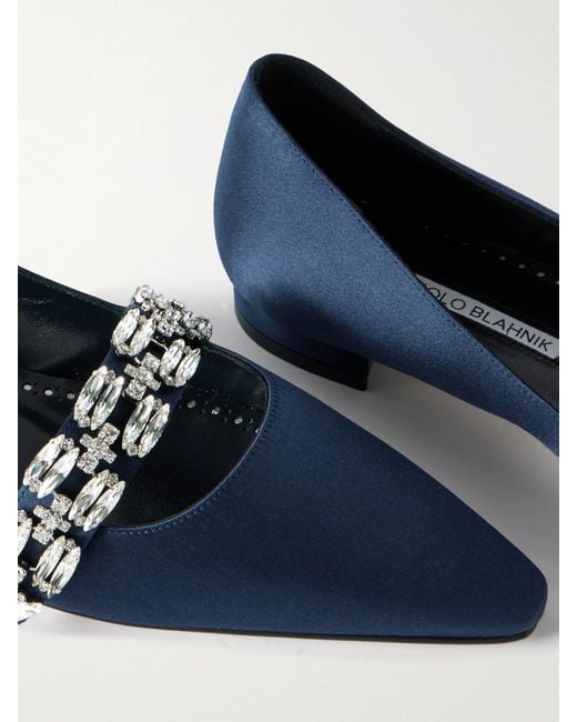 Manolo Blahnik Blue Tamolflat 10 Ballerinas Mit Spitzer Kappe Aus Satin Mit Kristallen