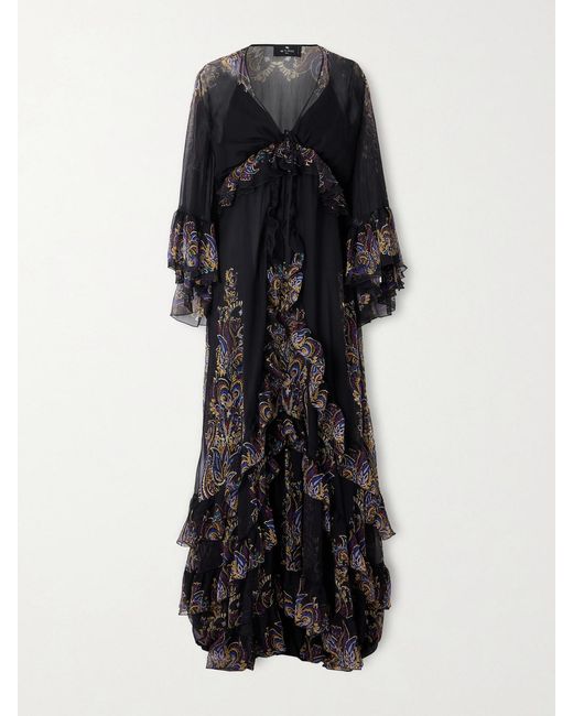 Etro Black Ruffled Paisley-Print Silk-Chiffon Gown