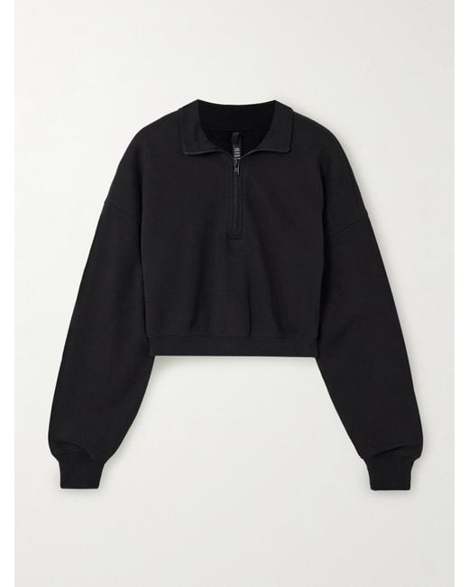 Skims Black Cropped Cotton-Blend Jersey Half-Zip Sweater
