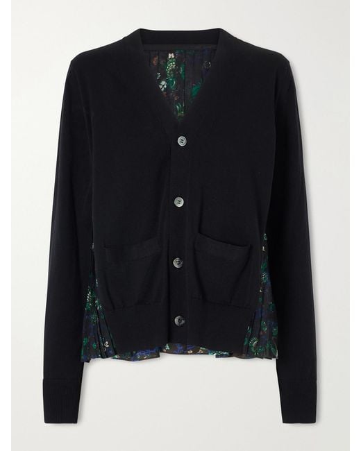 Sacai Black Layered Floral-Print Mesh-Trimmed Cotton Cardigan