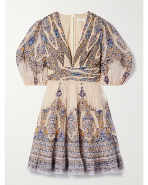 Zimmermann Natural Minikleid Aus Bedrucktem, Plissiertem Organza