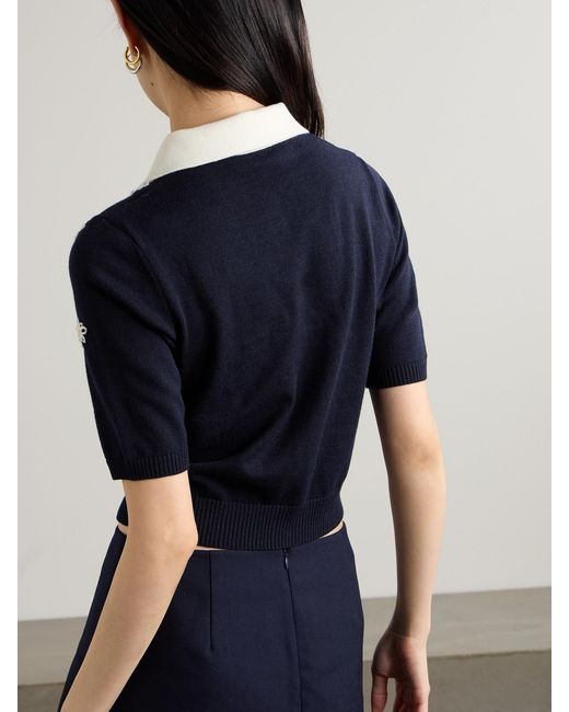 ShuShu/Tong Blue Cropped Embroidered Knitted Polo Shirt