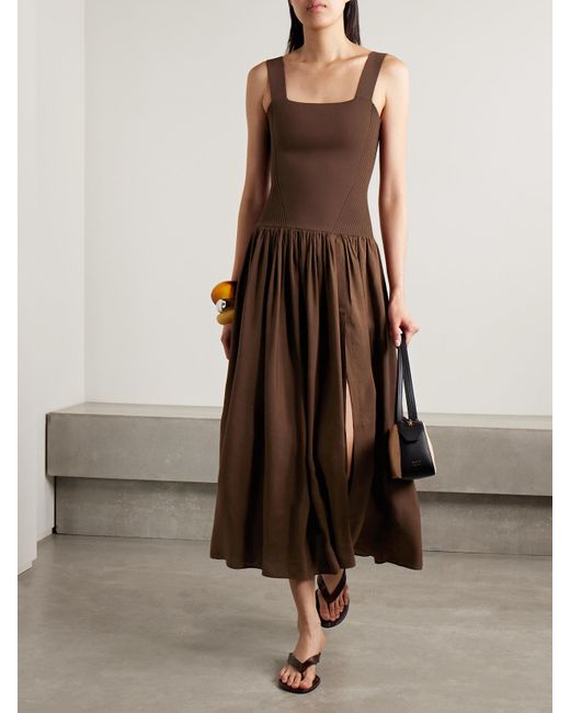 La Ligne Brown Midikleid Aus Stretch-Strick Und Einer Leinenmischung Mit Raffungen