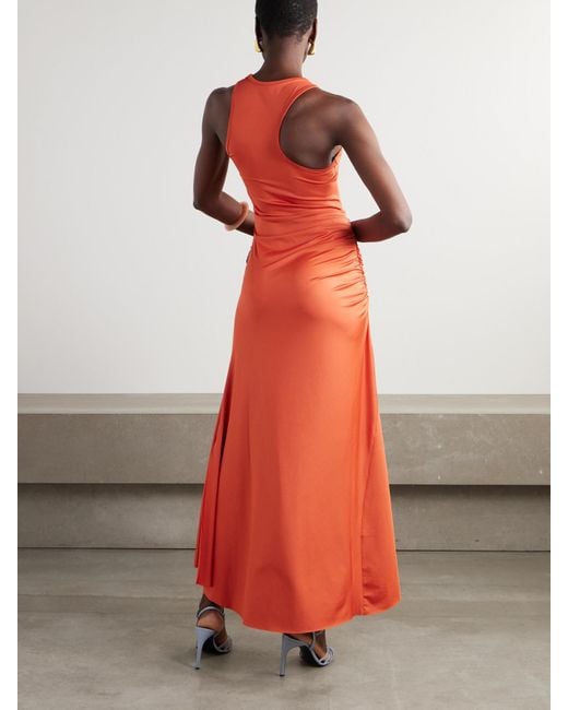 Victoria Beckham Red Asymmetric Ruched Satin-Jersey Midi Dress