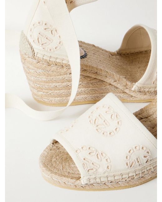 Gucci Damita Broderie Anglaise Canvas Espadrille Wedge Sandals in