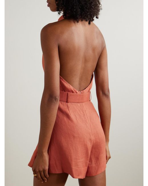 Zimmermann Red Awaken Belted Linen Playsuit