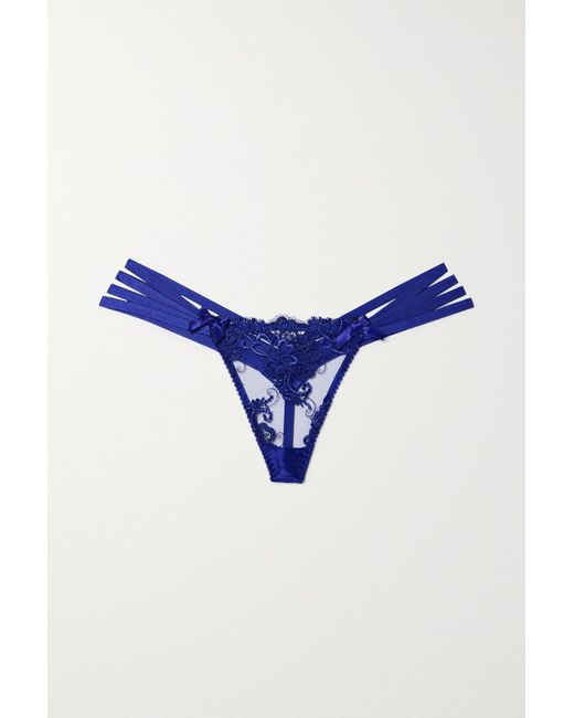Agent Provocateur Blue Dioni Stretch-silk Satin-trimmed Embroidered Tulle Thong