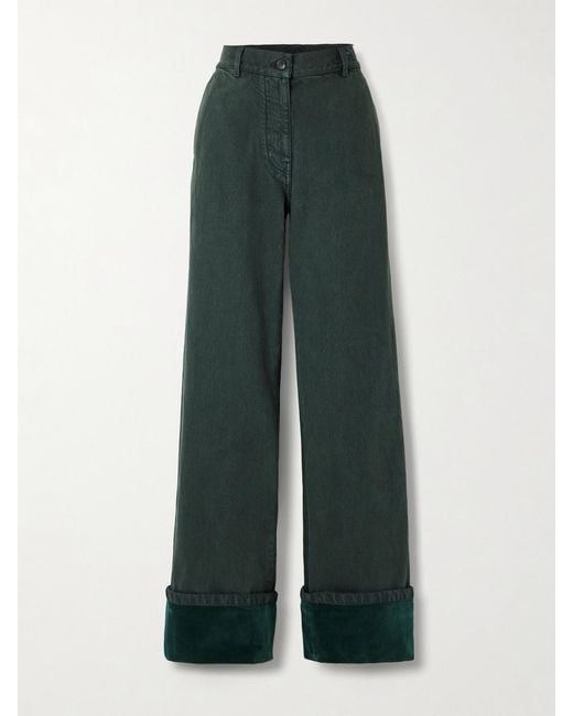 Dries Van Noten Green Velvet-Trimmed Mid-Rise Wide-Leg Jeans