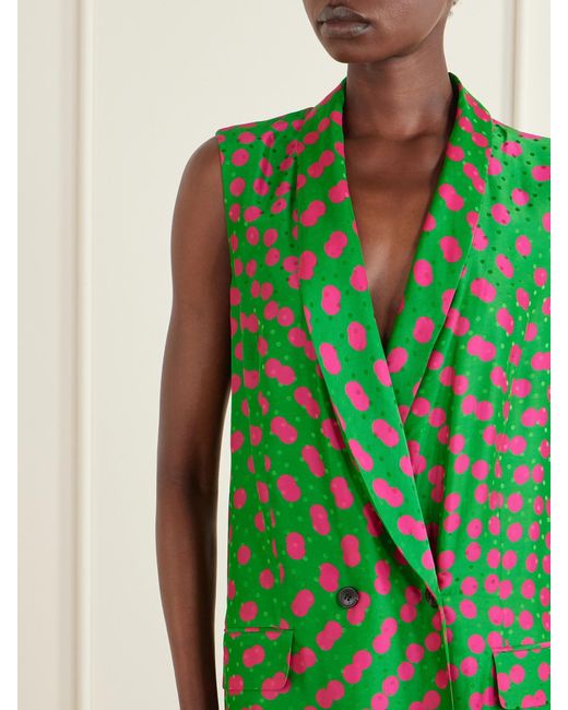 Dries Van Noten Green Polka-Dot Satin-Jacquard Long Coat