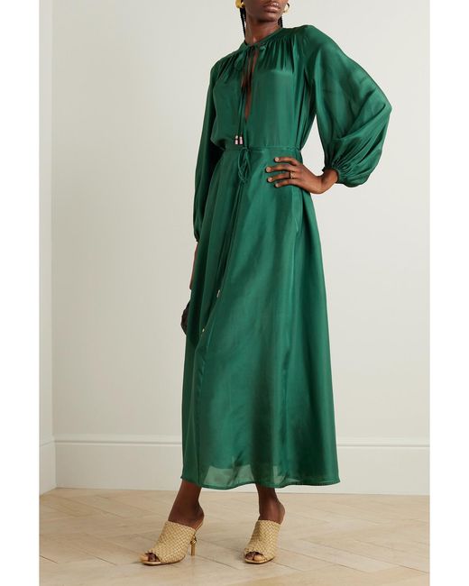 Zimmermann Green Net Sustain Junie Billow Belted Organic Silk Midi Dress