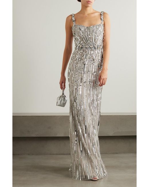 Jenny Packham Gray Bright Gem Embellished Sequined Tulle Gown