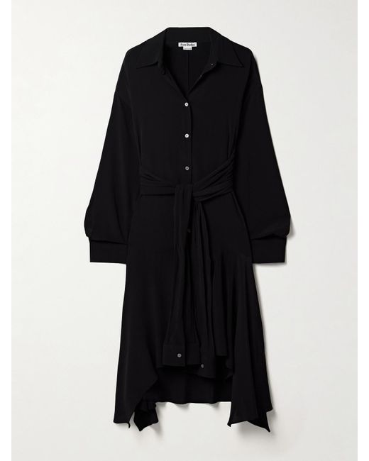 Acne Black Wandelbares, Asymmetrisches Midi-Hemdblusenkleid Aus Crêpe De Chine Mit Gürtel