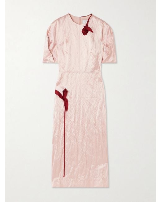 Erdem Pink Tulip Appliqué Crinkled Metallic Satin Gown