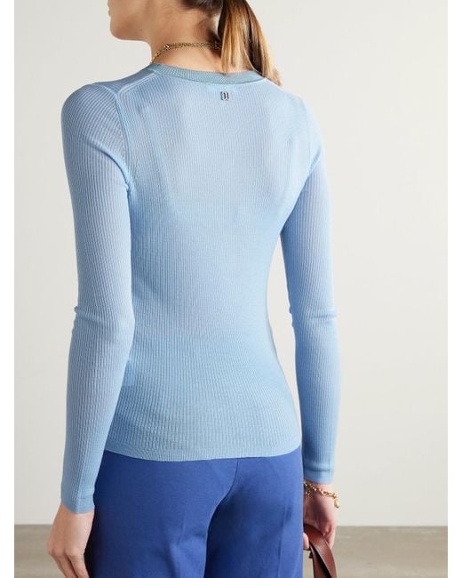 Chloé Blue Silk-Trimmed Ribbed Wool Sweater