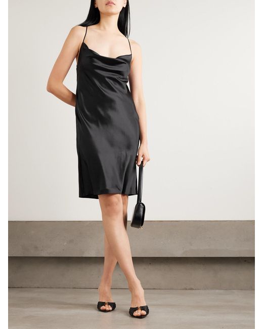 black satin draped mini dress Draped Halterneck Satin Mini Dress in Black - 4