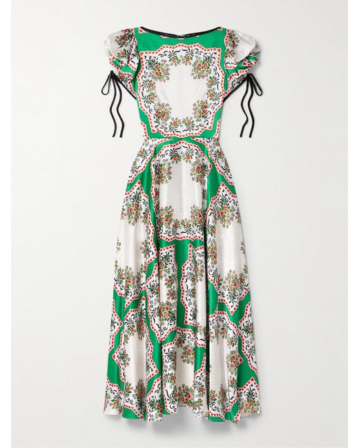 Rodarte Green Printed Silk-Satin Midi Dress