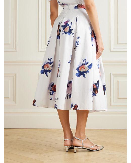 Jupe Midi En Popeline De Coton À Imprimé Fleuri Et À Plis Erdem en coloris White
