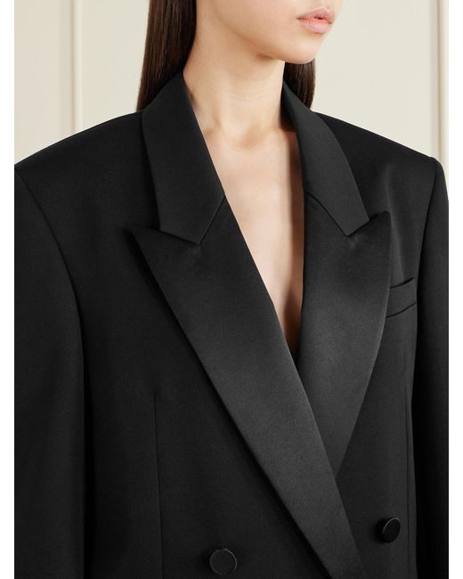 Saint Laurent Black Double-Breasted Satin-Trimmed Grain De Poudre Wool Blazer