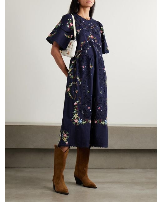 Sea Blue Edwina Floral Lace-Trimmed Embroidered Cotton Midi Dress