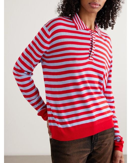 La Ligne Red Ben Striped Silk, Wool And Cashmere-Blend Polo Sweater