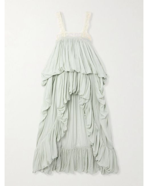 Chloé White Robe Aus Seidenchiffon Mit Raffungen Und Spitzenbesätzen