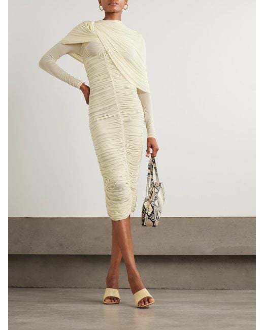 Magda Butrym Natural Draped Cape-Effect Ruched Stretch-Tulle Dress