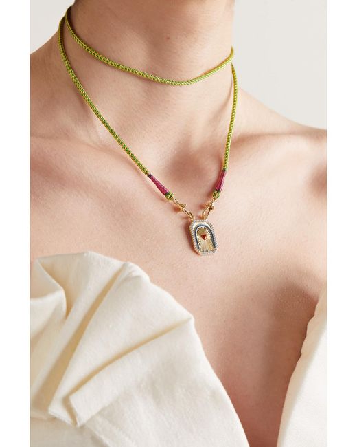 Marie Lichtenberg Metallic Heart Mini Scap 14-Karat, Cord, Enamel And Diamond Necklace