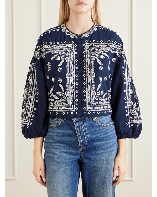 Veronica Beard Blue Drake Cropped Embroidered Cotton-Blend Poplin Jacket