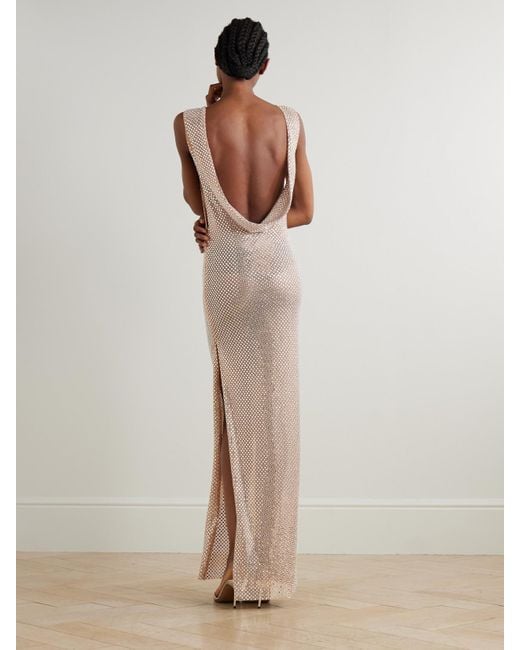 Self-Portrait Natural Cutout Draped Crystal-Embellished Mesh Gown