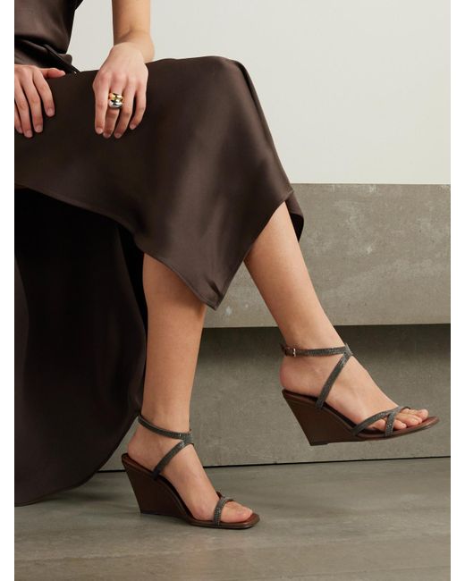 Brunello Cucinelli Metallic Wedges Aus Leder Mit Zierperlen