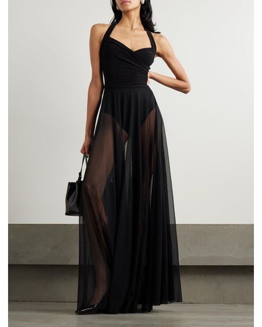 Norma Kamali Black Cayla Pleated Stretch-Jersey And Mesh Halterneck Maxi Dress