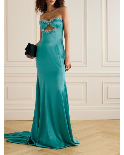 Sabina Bilenko Blue Strapless Cutout Crystal-Embellished Satin Gown