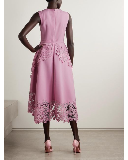 Oscar de la Renta Purple Belted Guipure Lace-Trimmed Wool-Blend Crepe Midi Dress