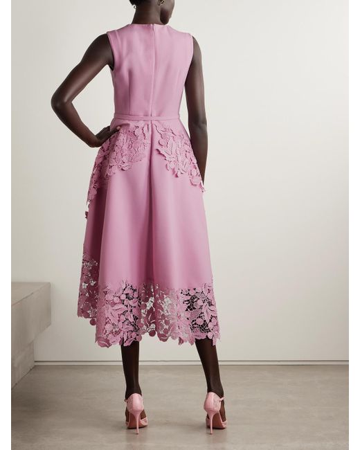 Oscar de la Renta Purple Belted Guipure Lace-Trimmed Wool-Blend Crepe Midi Dress