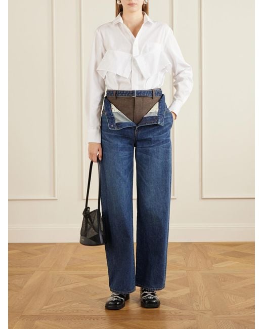 Sacai Blue Wide-Leg Denim And Wool-Flannel Pants