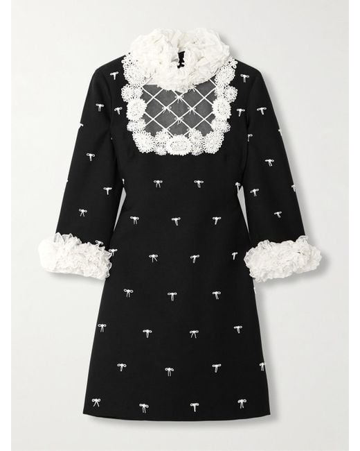 Valentino Garavani Black Ruffled Bow-Detailed Embellished Mesh-Trimmed Wool And Silk-Blend Crepe Mini Dress