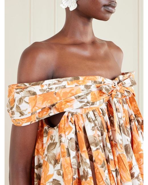 Chloé Orange Off-The-Shoulder Gathered Floral-Print Cotton-Poplin Mini Dress