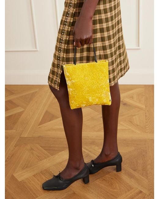 Valesque Yellow Thea Leather-Trimmed Crushed-Velvet Tote