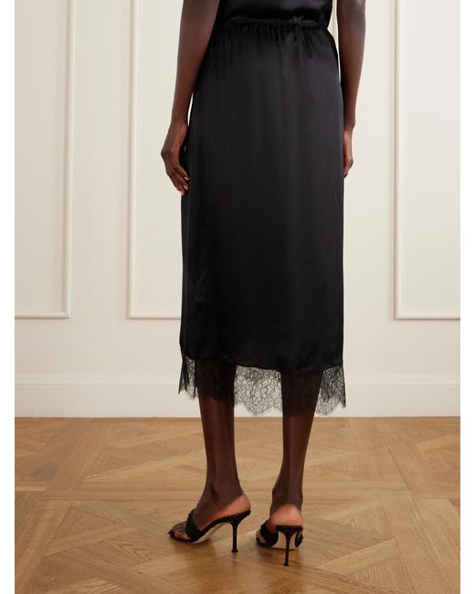 Anine Bing Black Shelby Lace-Trimmed Silk-Blend Midi Skirt