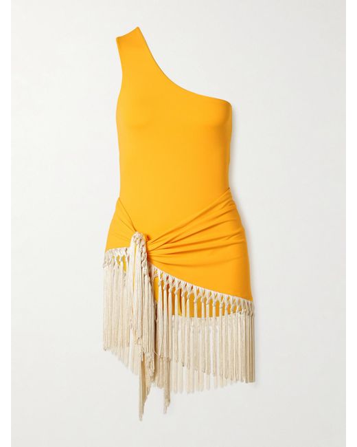 ‎Taller Marmo Yellow Yacare One-Shoulder Swimsuit And Fringed Pareo Set