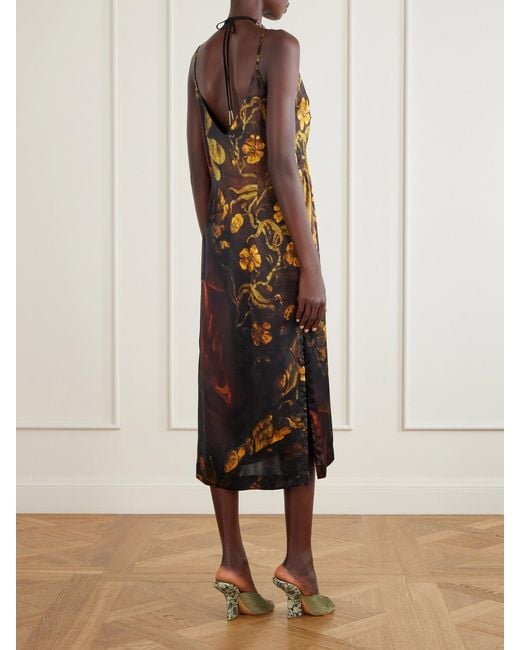 Dries Van Noten Black Floral-Print Silk-Satin Midi Dress