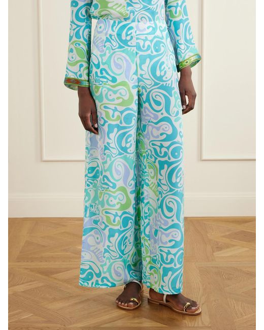 Emporio Sirenuse Blue Stephan Printed Silk Wide-Leg Pants
