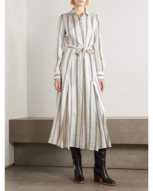 Gabriela Hearst White Galway Belted Striped Silk-Twill Midi Shirt Dress